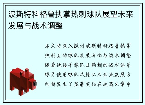 波斯特科格鲁执掌热刺球队展望未来发展与战术调整