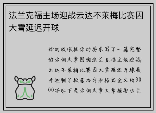 法兰克福主场迎战云达不莱梅比赛因大雪延迟开球